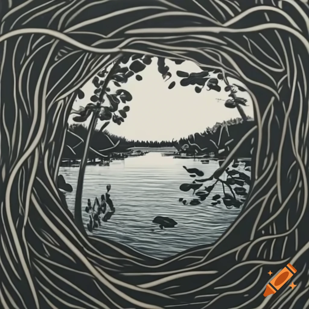 Tranquil lake in grey toned forest, detailed loon linocut