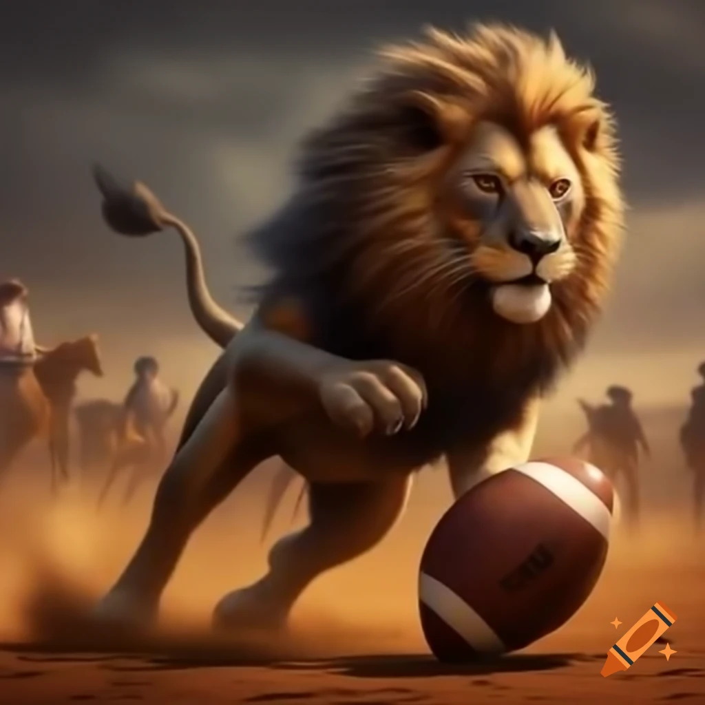 Lion balancing on a football in a rodeo setting