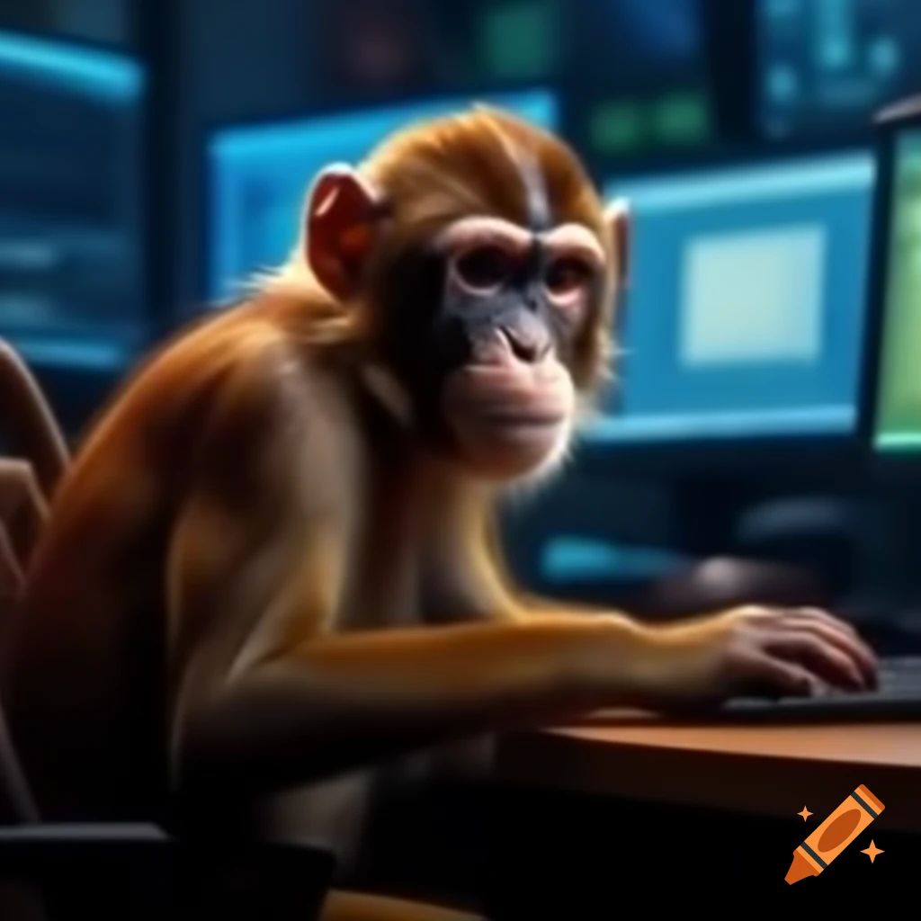 Monkey working on a computer in a firm environment named Eolo on Craiyon