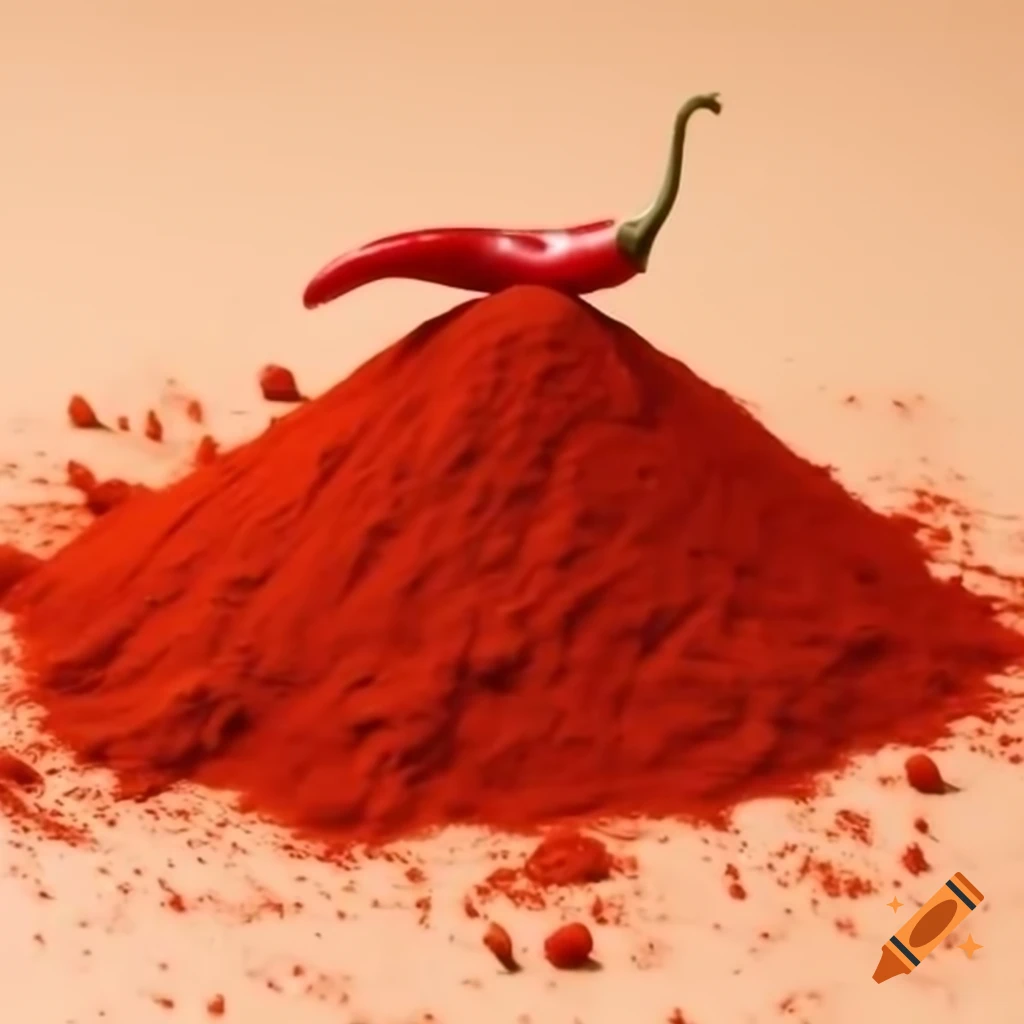 Vibrant red chilli powder mound with dried chilli on top
