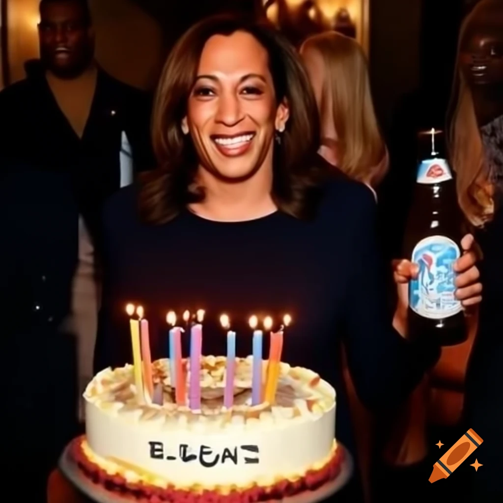 Kamala Harris Smiling While Holding A Beer Bottle And A Birthday Cake kamala-harris-smiling-while-holding-a-beer-bottle-and-a-birthday-cake