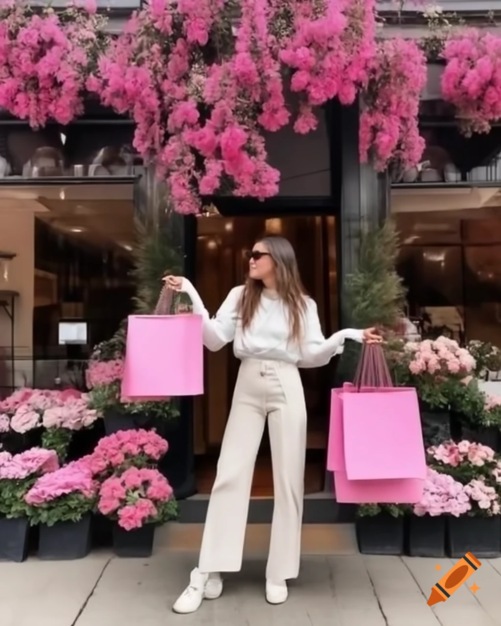Woman in front of flower shop holding pink shopping bags, happy aesthetic