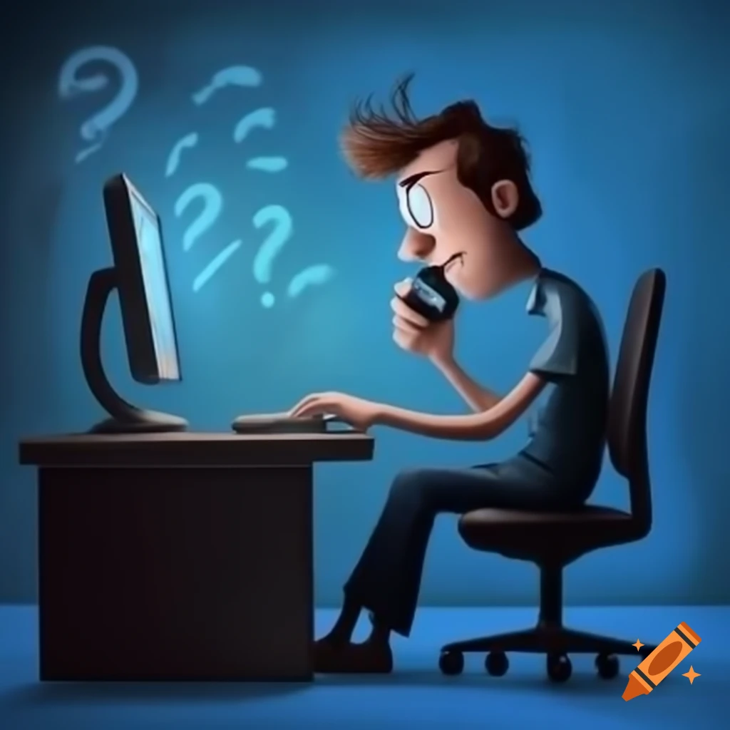 Stressed man on phone sitting at computer desk on Craiyon