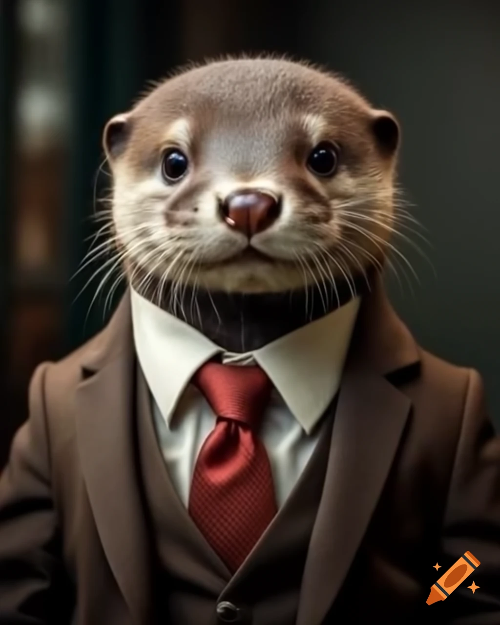 Realistic baby otter in a business suit, exuding cuteness