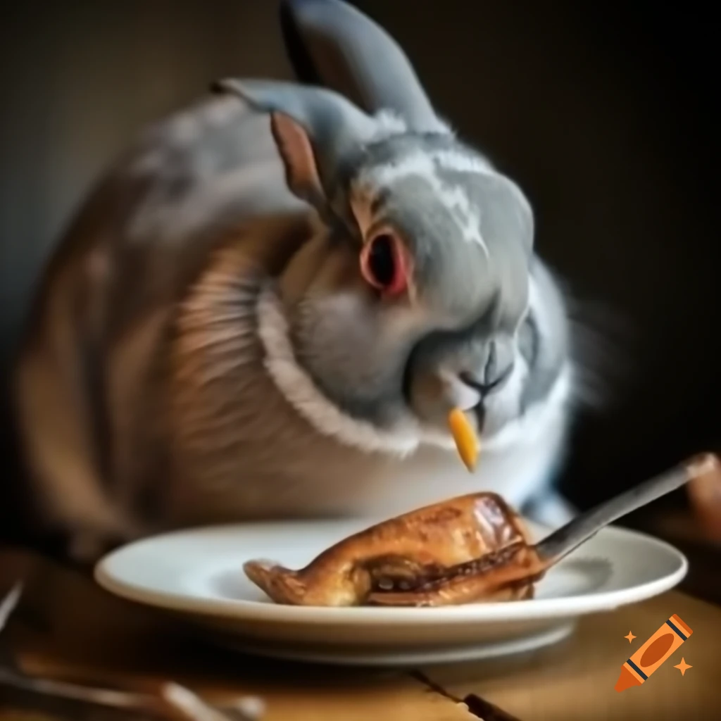 Bunny dining with cutlery on a plate of cooked pigeon