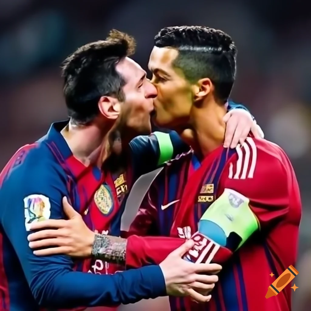 Messi and cristiano ronaldo sharing a kiss on Craiyon