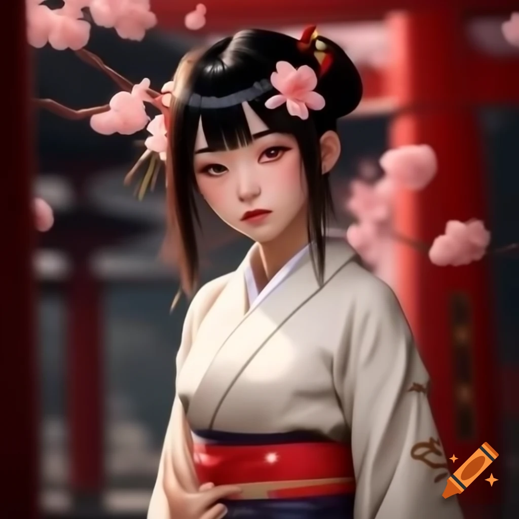 Japanese Shinto shrine maiden in traditional attire, Nihonga art style