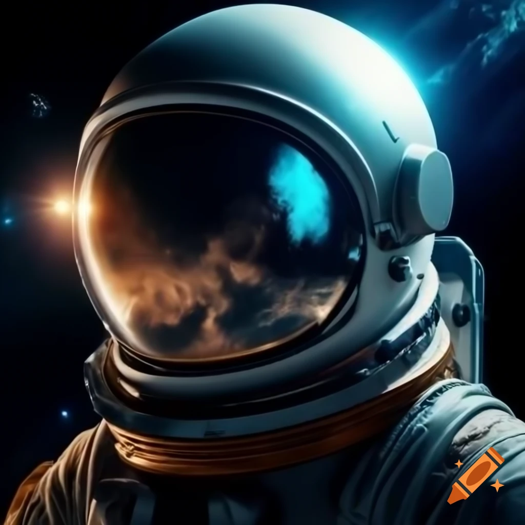 Close-up of astronaut in reflective space suit illuminated by sunlight in space