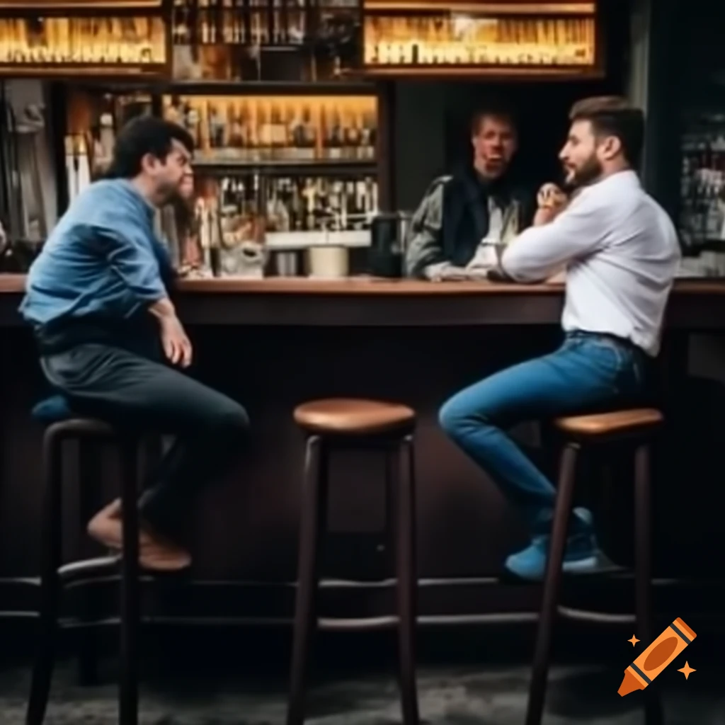 Two men interacting at a bar, one standing and one sitting