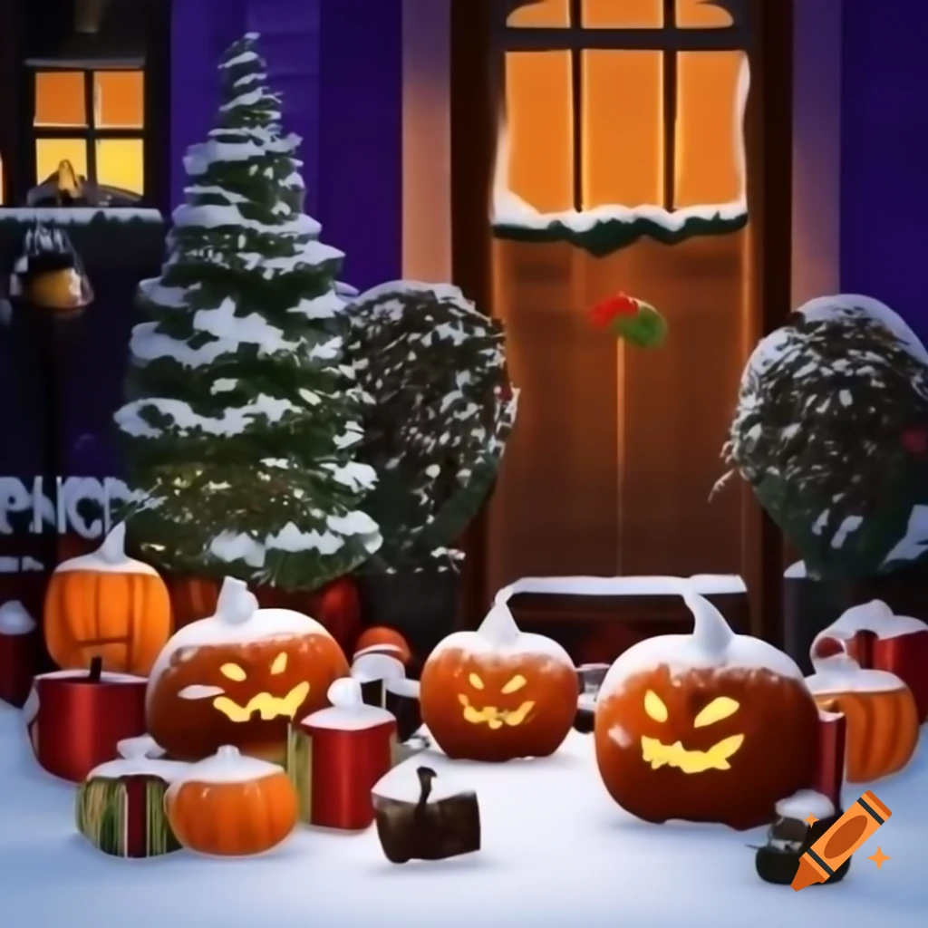 Merged Christmas and Halloween themes in snowy outdoor setting