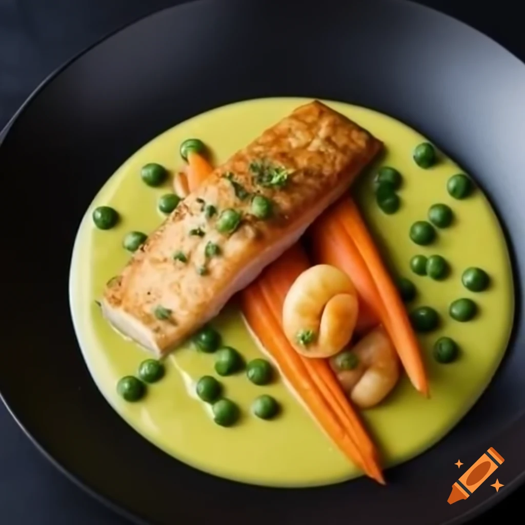 Plated black cod fish with shrimp and colorful vegetables in bisque sauce
