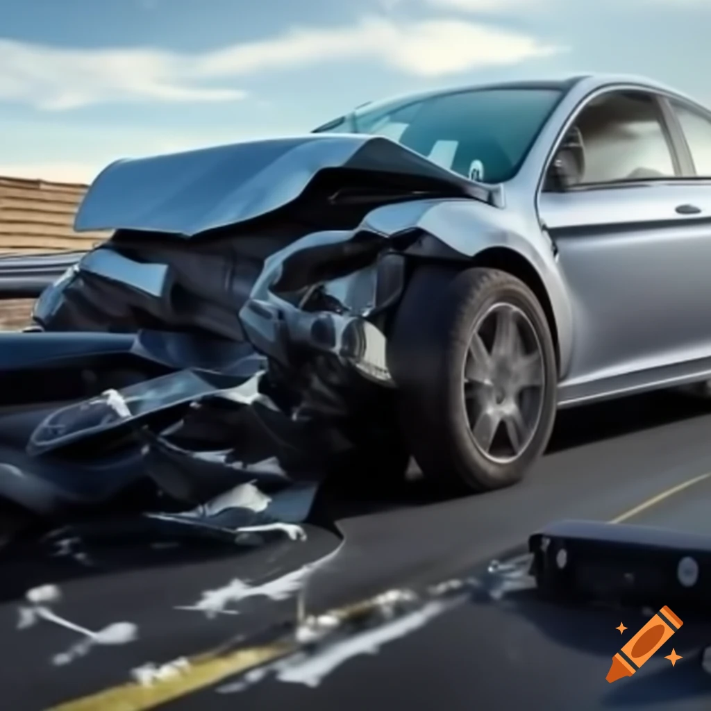 Car crash scene depicting vehicular damage