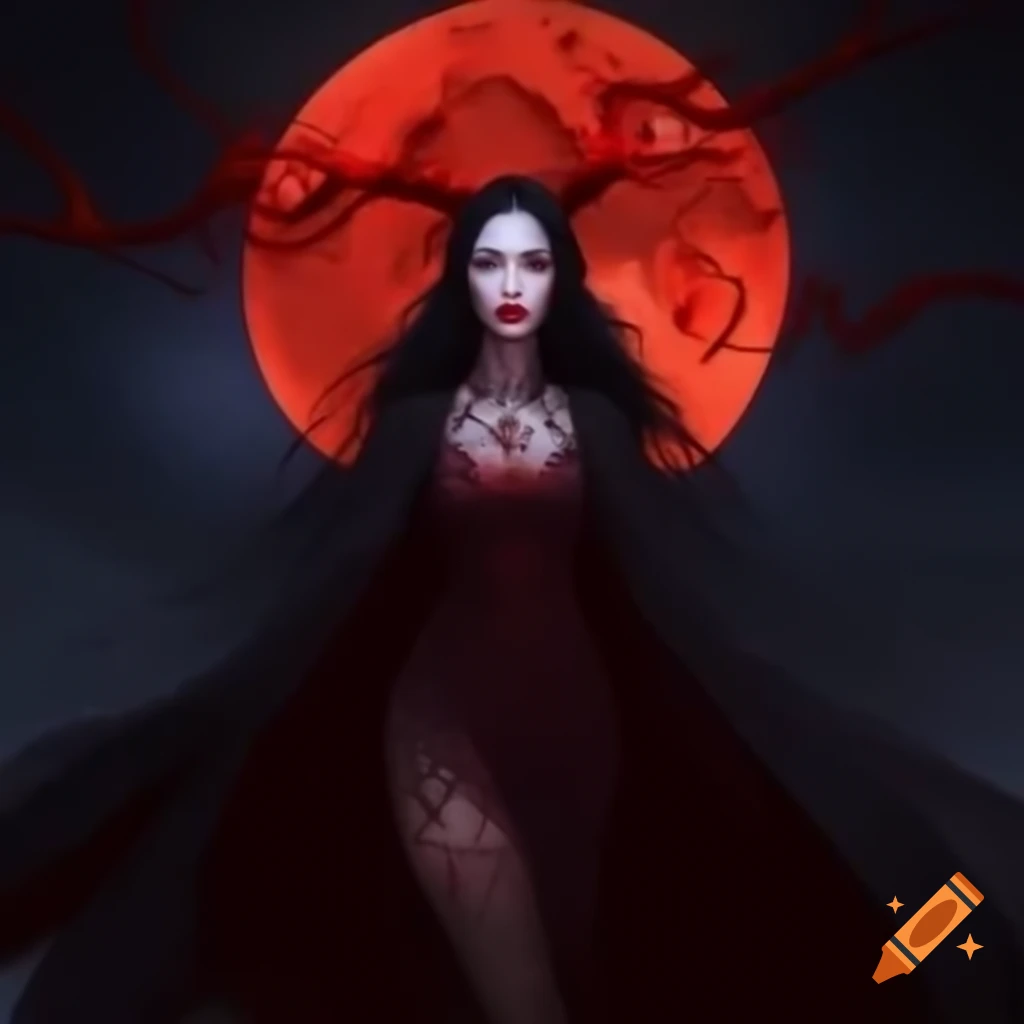 Witch with long black hair in dark red dress, blood moon orbiting shoulders