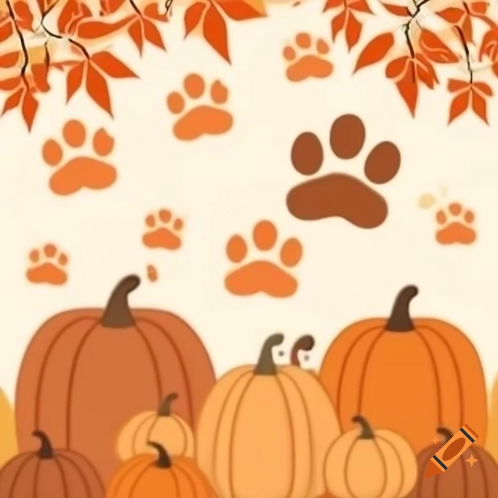Kawaii cartoon clipart of brown pawprints in fall scene with pumpkins and leaves