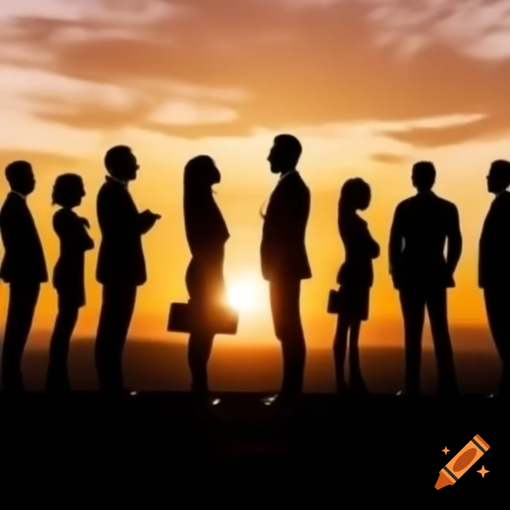 Silhouettes of men and women in various professions talking happily at sunset
