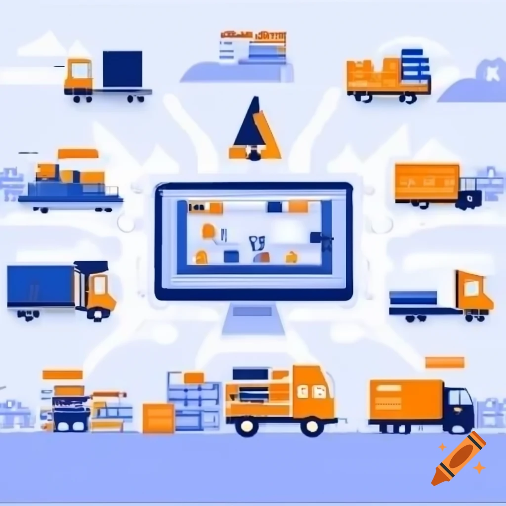Illustration of logistics process featuring warehouse and stocked shelves
