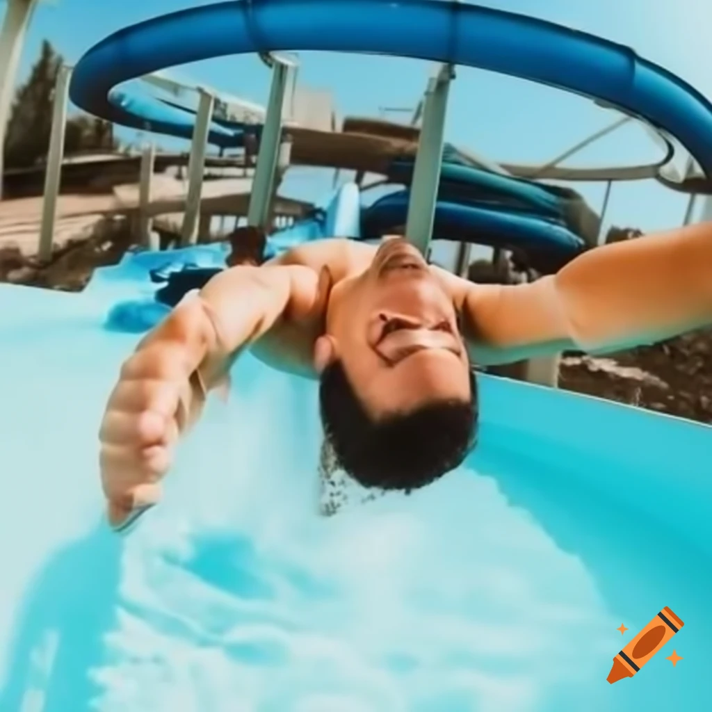 Man sliding down a water slide at an aquapark