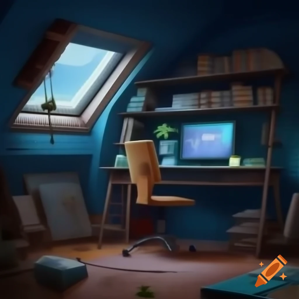 Lo-Fi style room with shelves of books, window, table lamp, and tablet