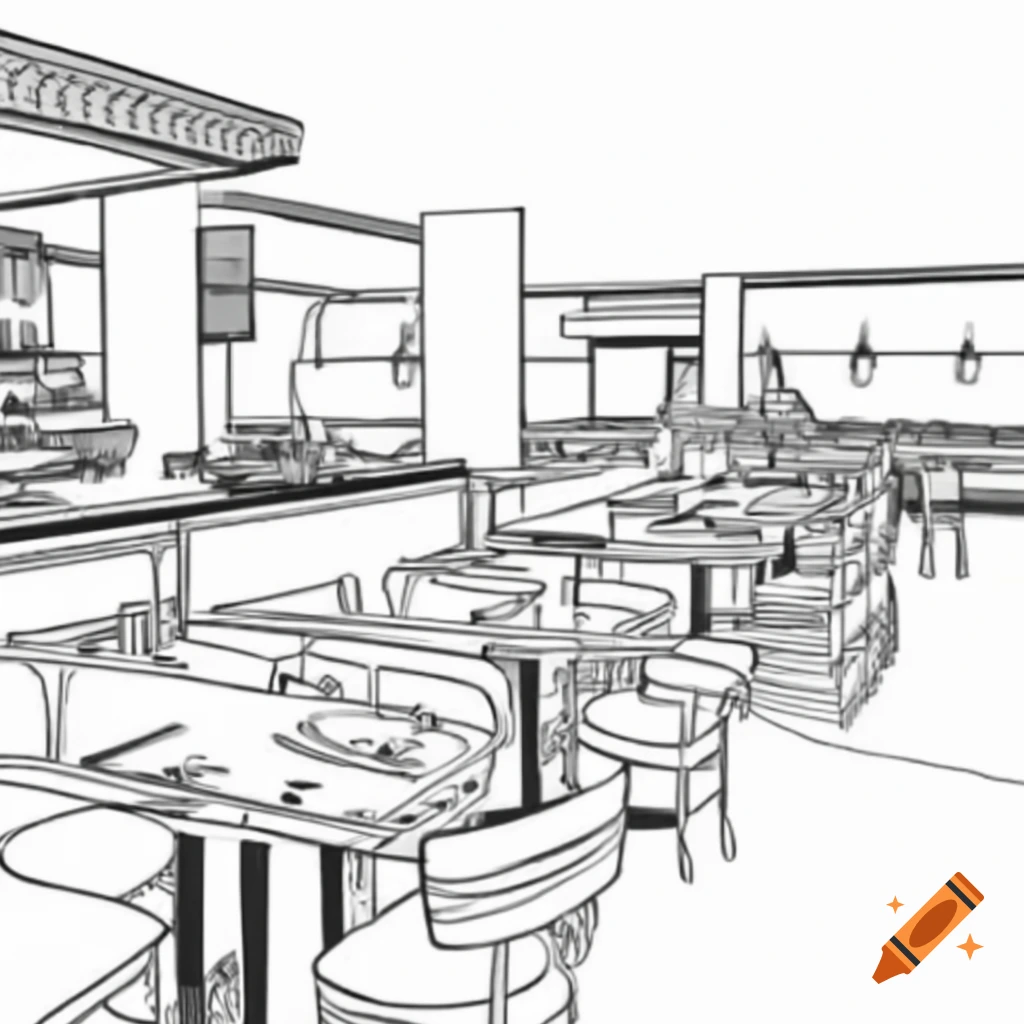 Drawing of hotel restaurant featuring dining tables, service station,  buffet area, host stand, and kitchen door on Craiyon, image size:1024x1024