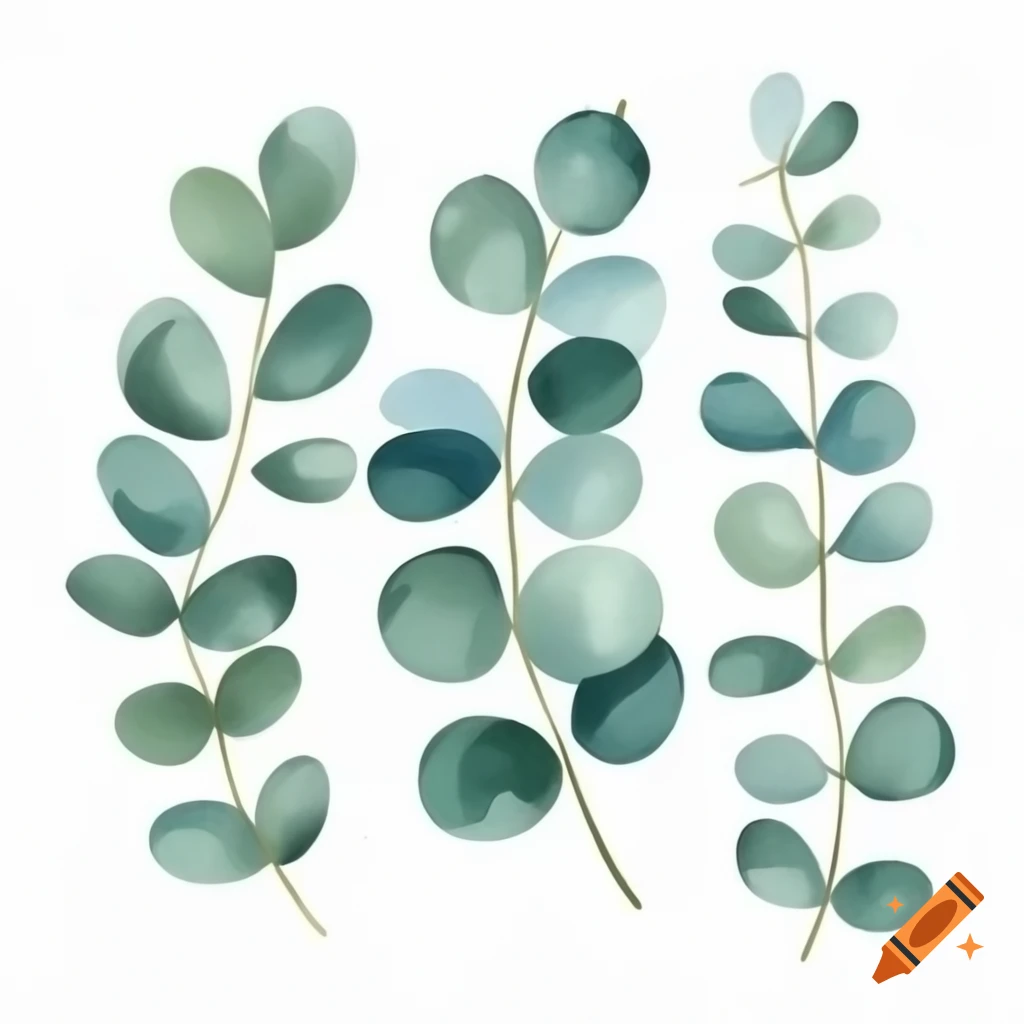 Watercolor painting of eucalyptus leaves on white background