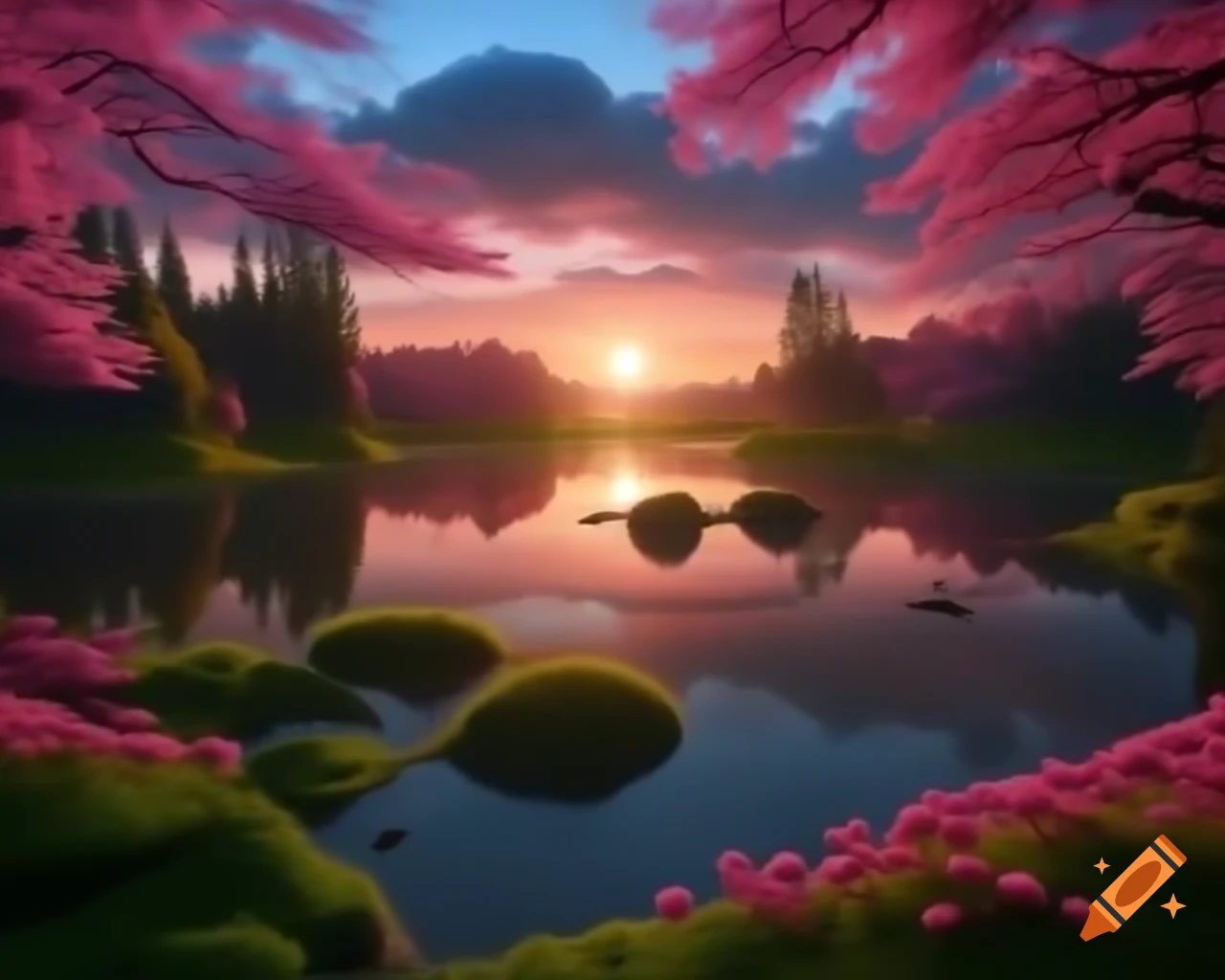 Landscape with pink trees and waterfalls reflecting sunlight on lake