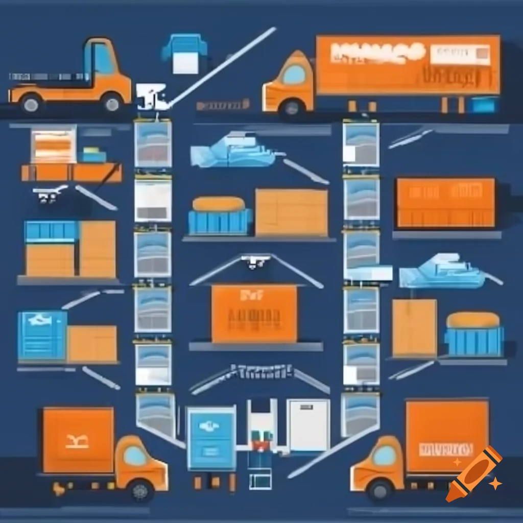 Illustration of logistics process featuring warehouse and stocked shelves