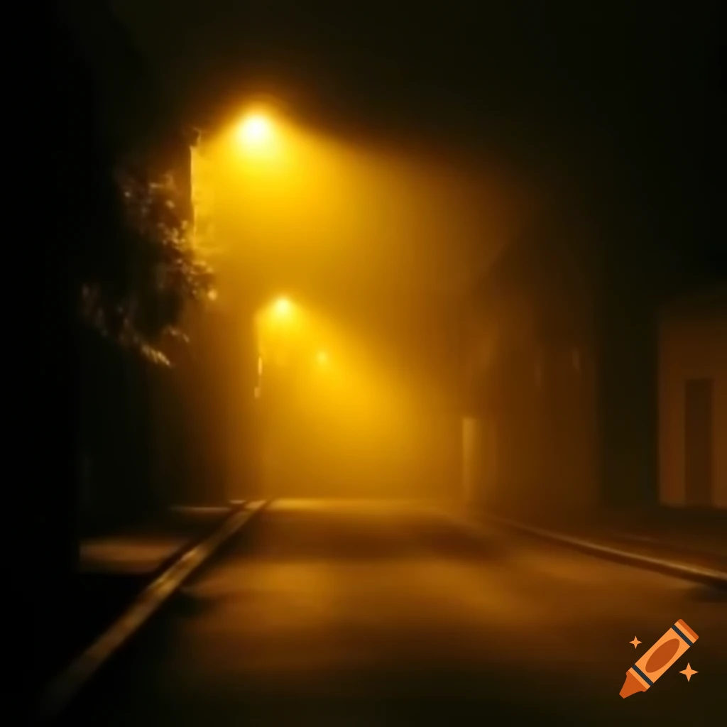 Night street shrouded in yellow fog