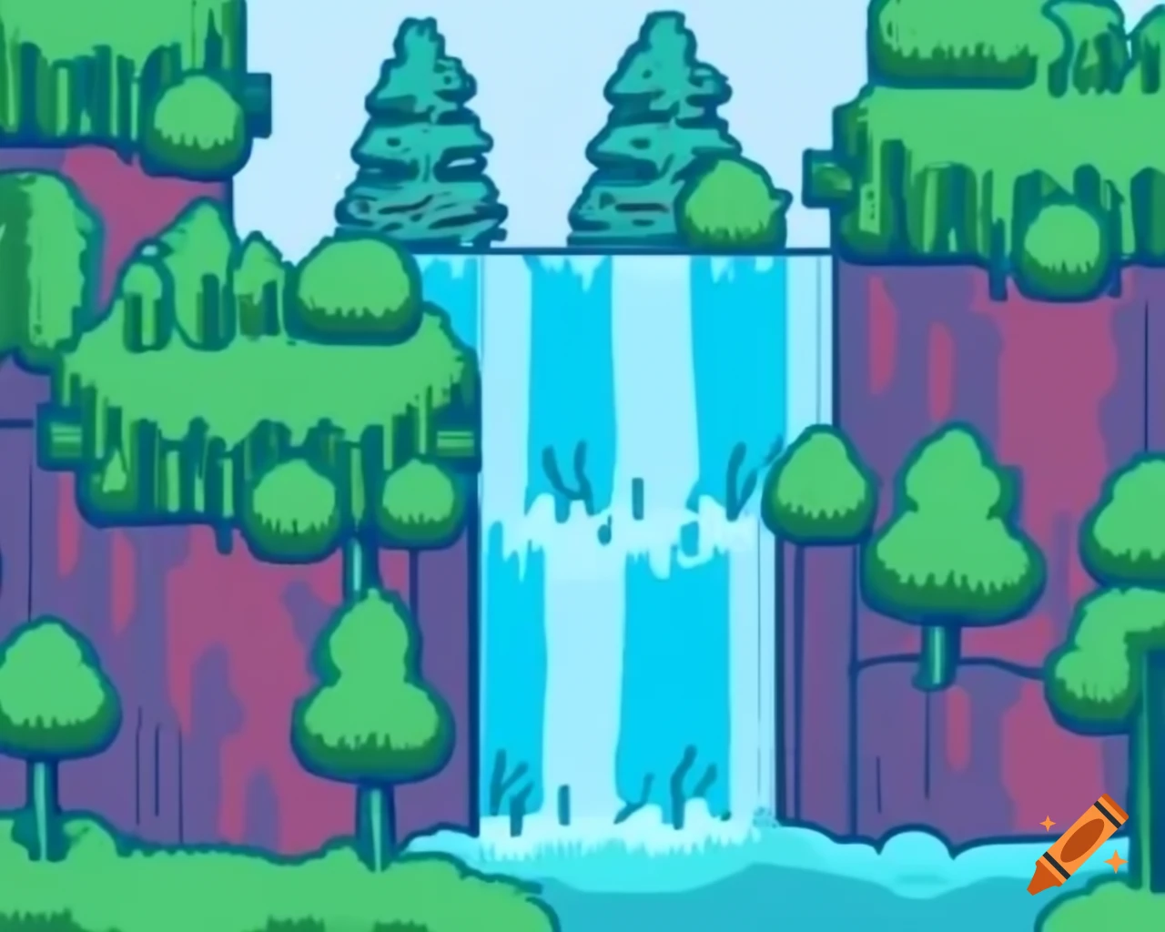 Voxel art depicting a waterfall and forest without gradients