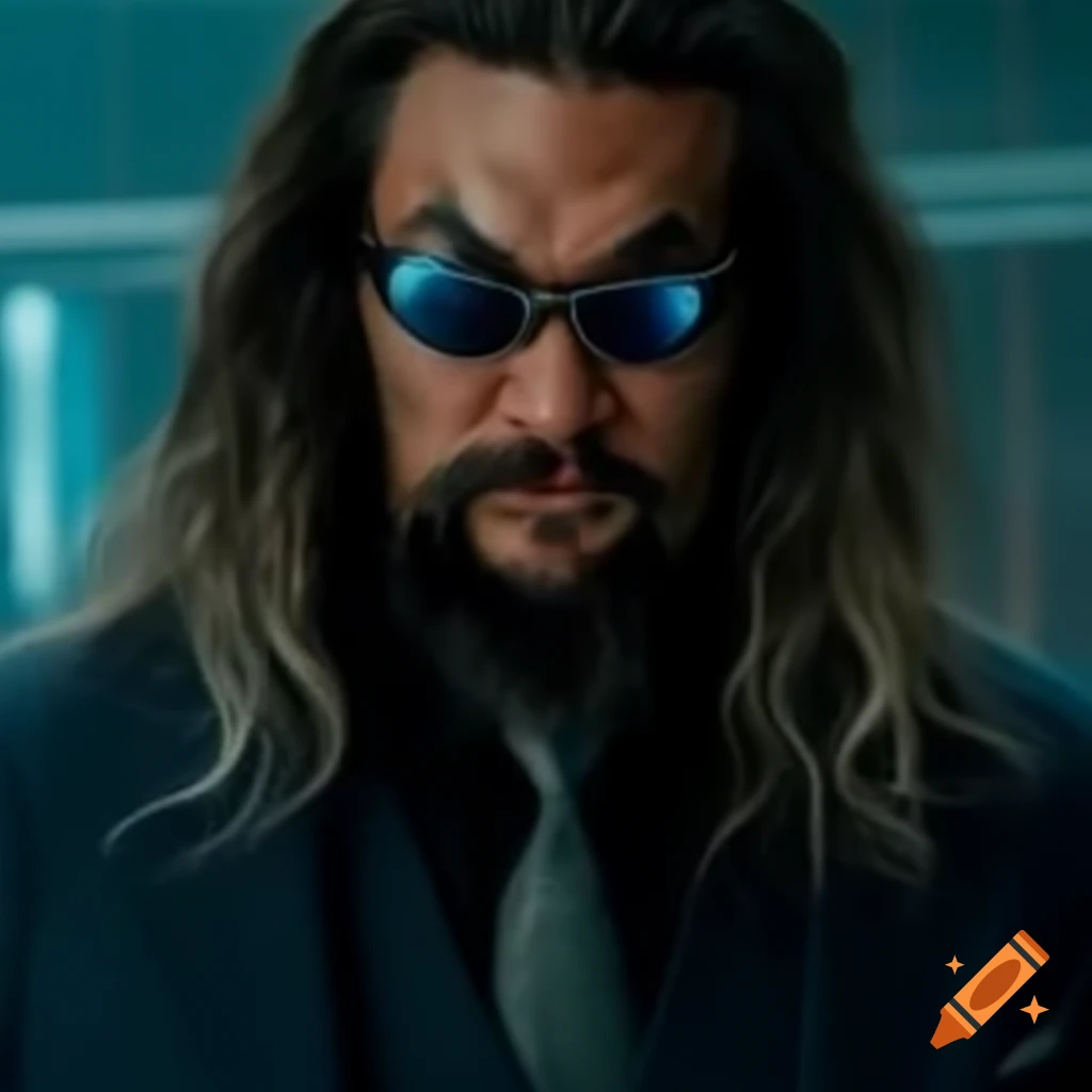 Jason Momoa portraying an agent in a Matrix-inspired setting on Craiyon