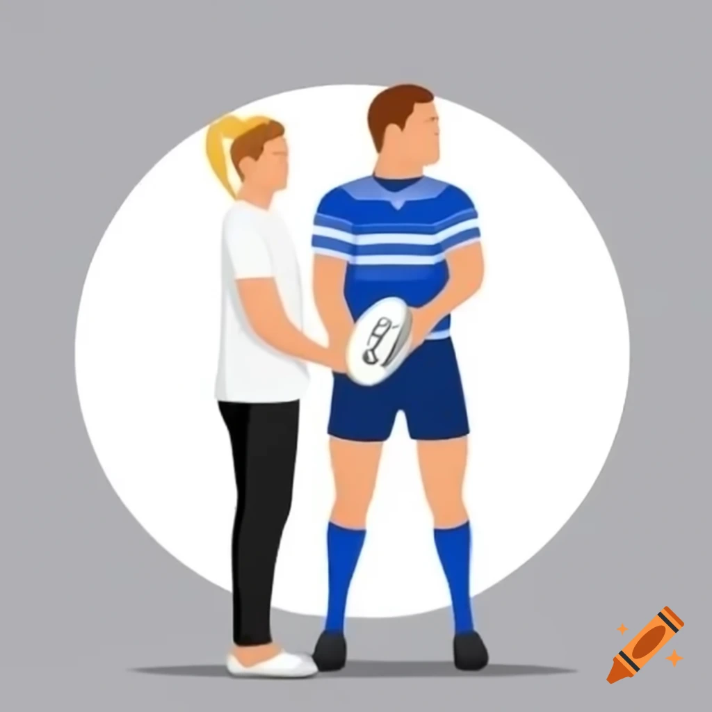 Tall male rugby player in jersey number 8 talking to short blonde female