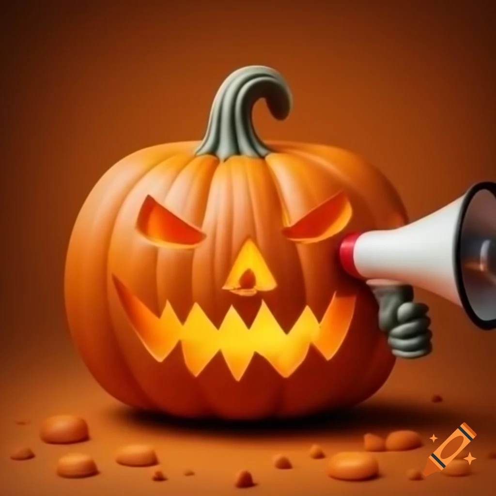 Pumpkin holding a megaphone, quirky and creative