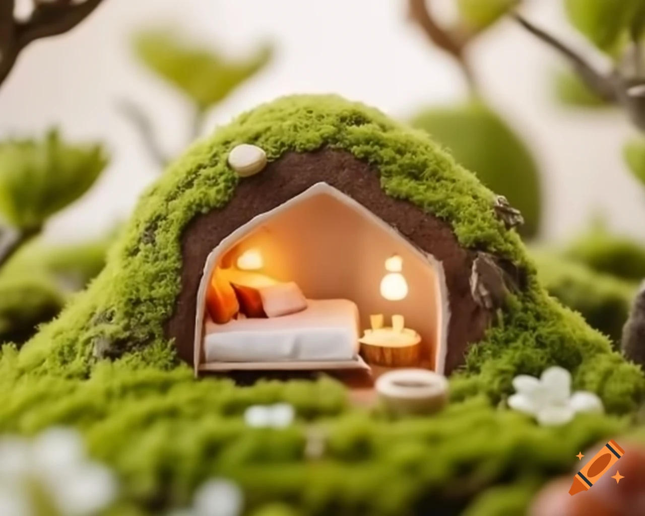 Ultra tiny miniature bedroom covered in moss