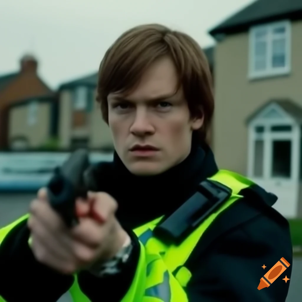 British police officer in fluorescent uniform holding gun with council houses in background