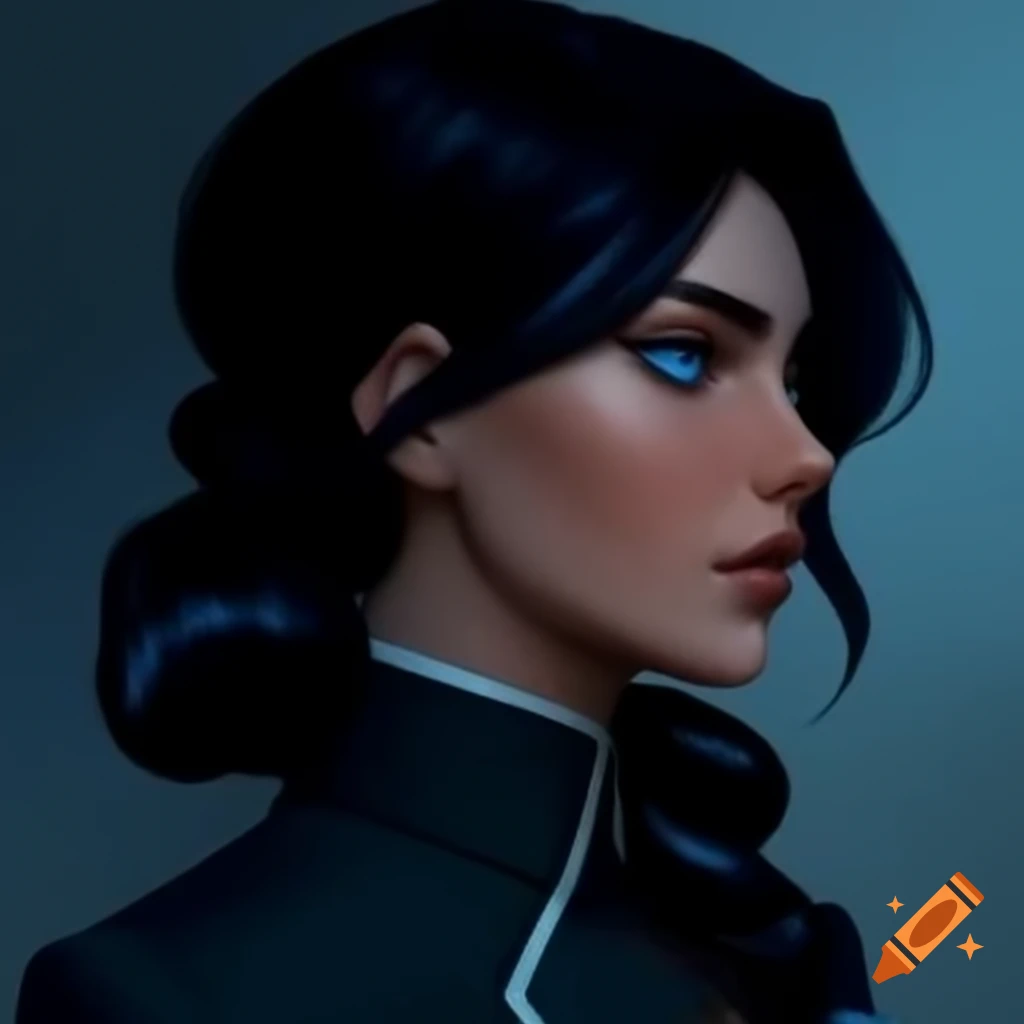 Tall woman in spy uniform with black wavy hair and blue eyes