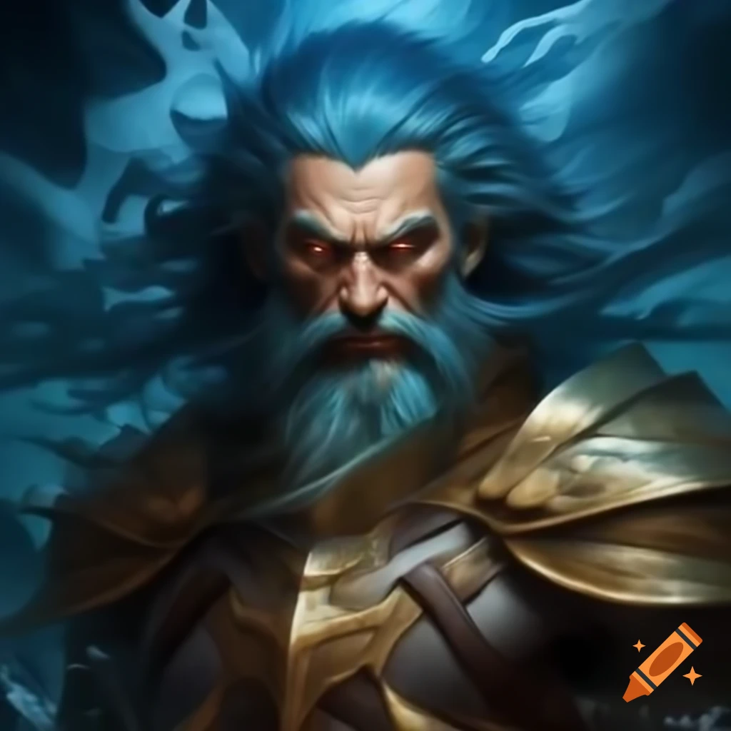 Fierce male warrior with blue hair in golden armor, intense expression ...