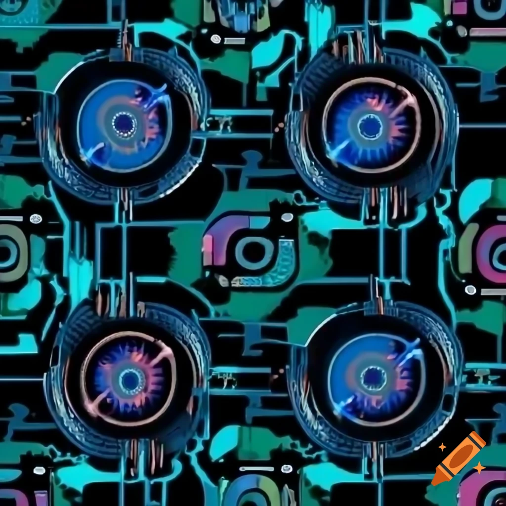 Tech-themed pattern design using soothing color palette on Craiyon