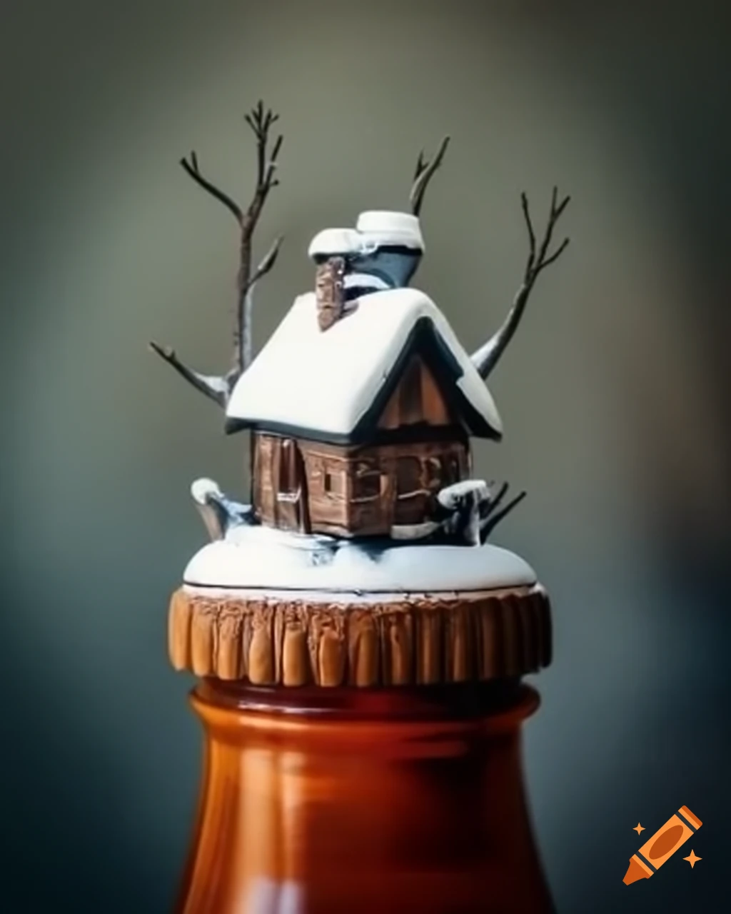 Ultra miniature snowy witch house on a bottle cap