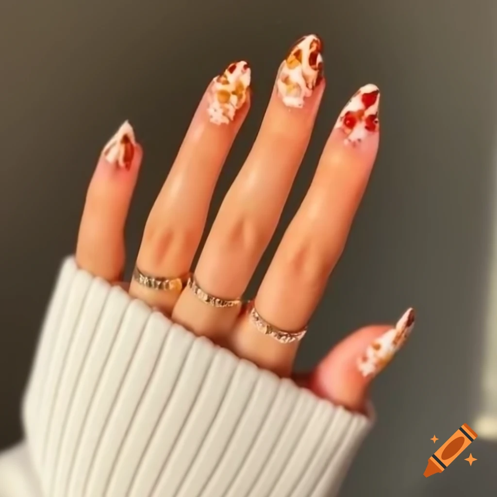 Feminine hand with almond shaped nails in autumn colors, inspired by fall foliage