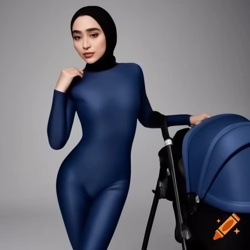 Young mother in leotard pushing stroller