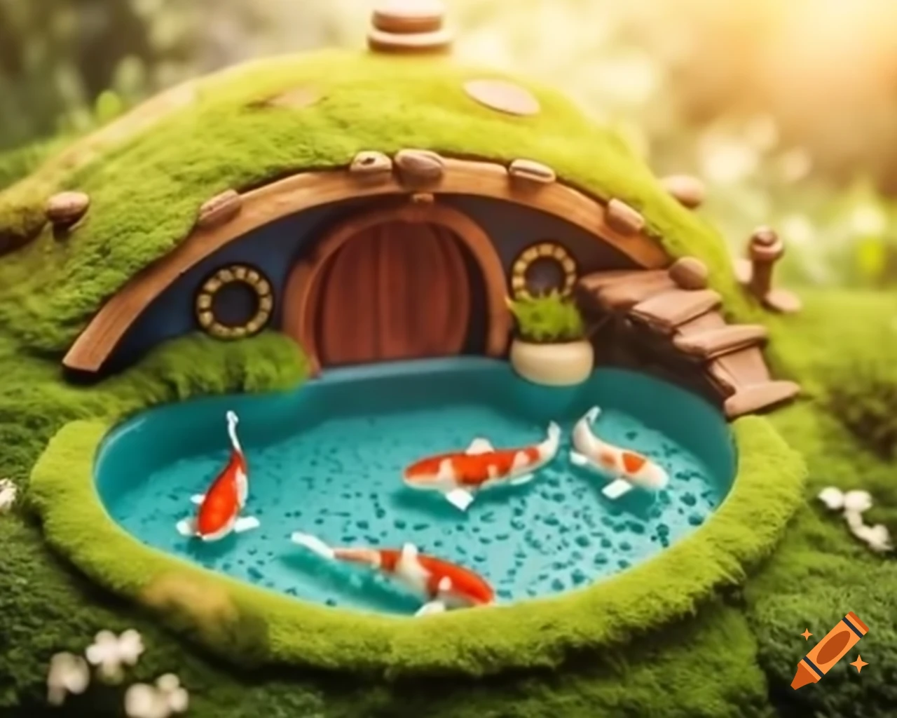 Miniature koi fish pool and hobbit house in upcycled bottle cap with greenery