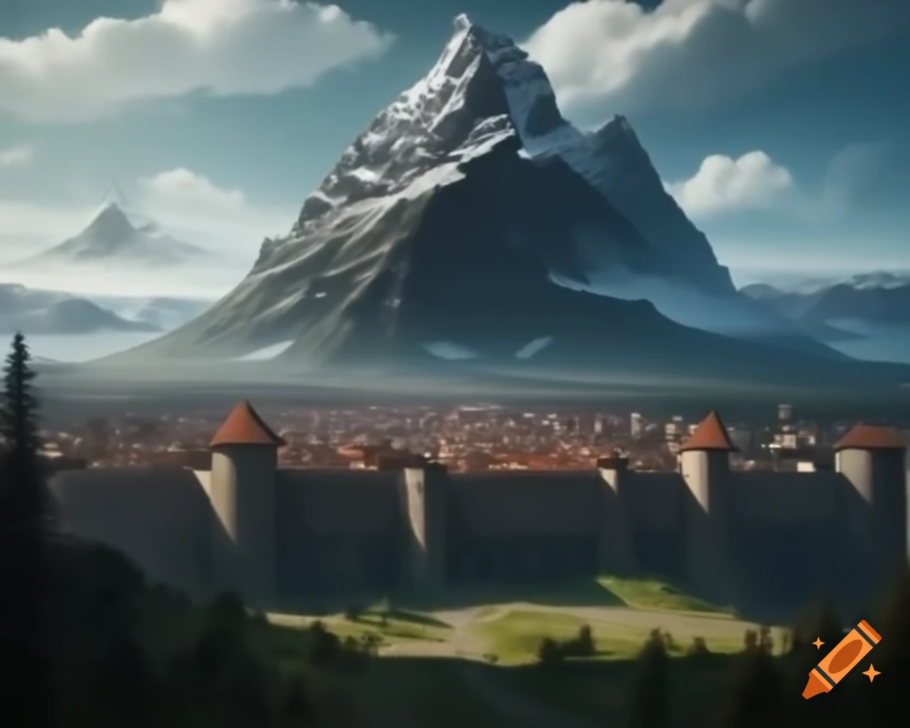Medieval city with giant snow-capped mountain under sunny sky on Craiyon