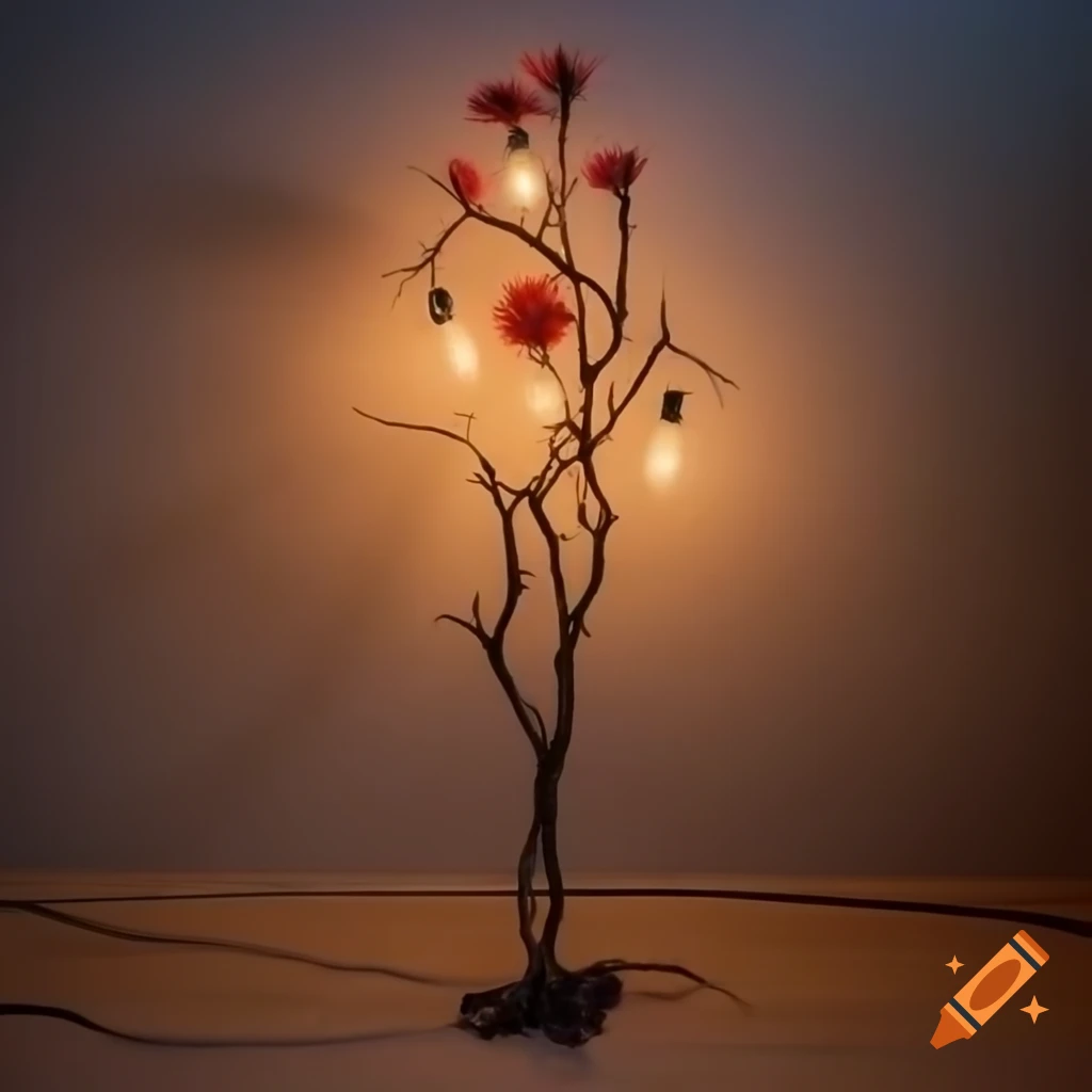 Floor lamp adorned with thorns and red flowers around light bulbs on ...