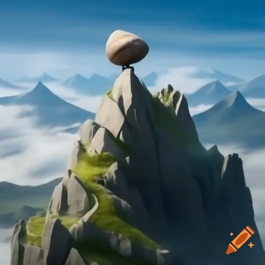 High mountain with boulder on top and climber ascending