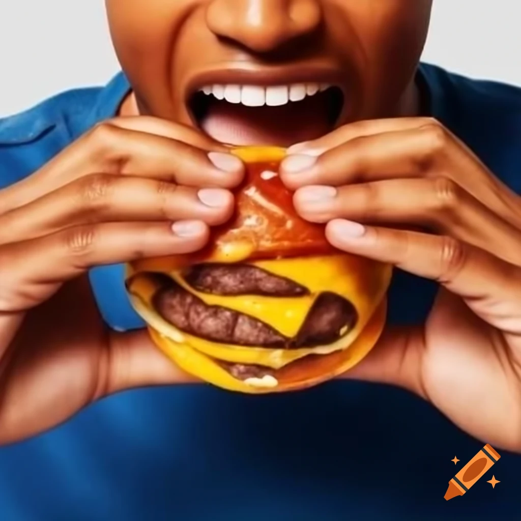 Person enjoying an eight-layer burger