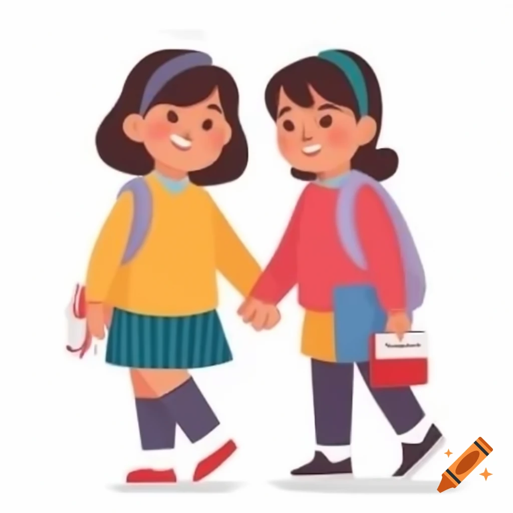 Two sisters joyfully walking to school hand in hand