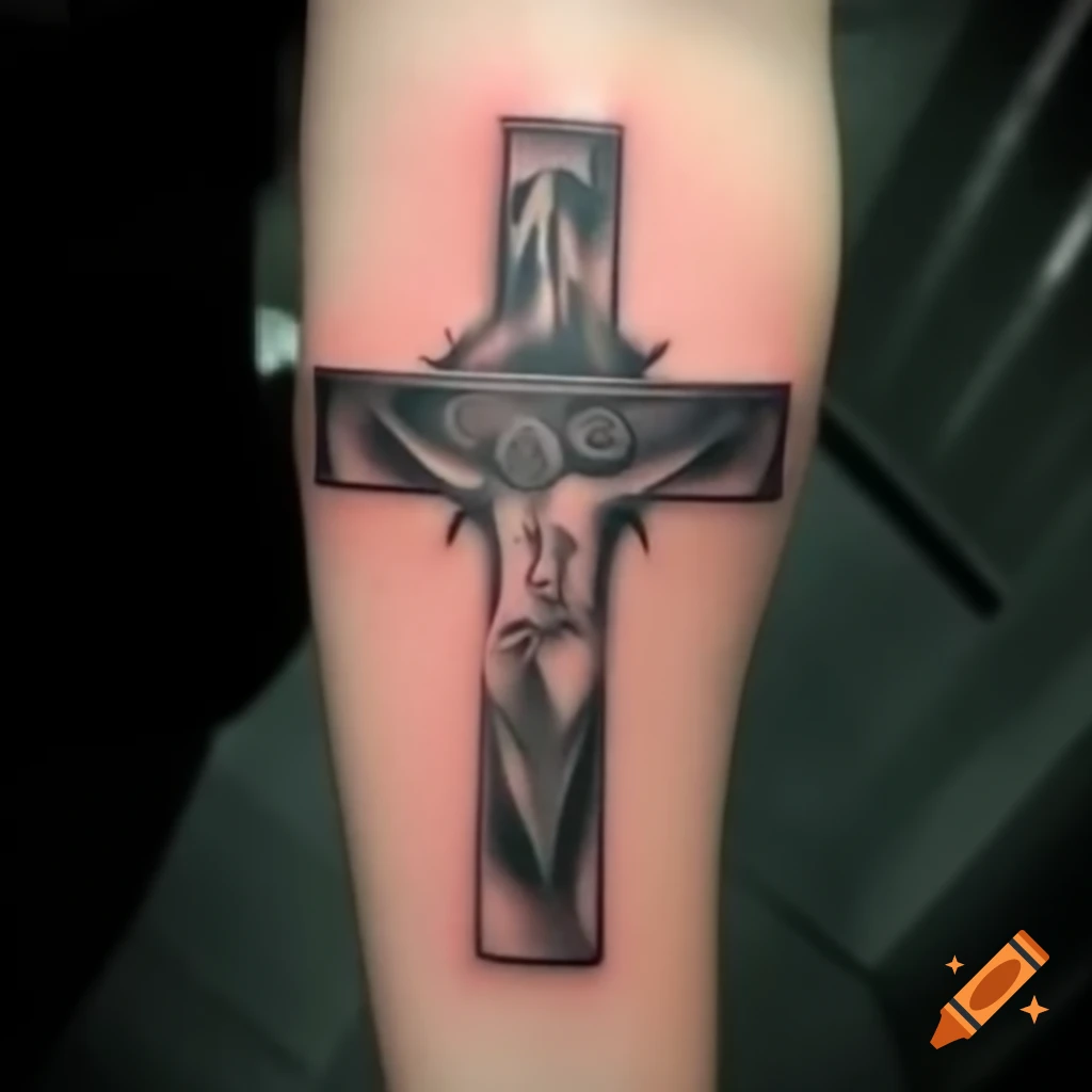 Tattoo design featuring a cross and the phrase 'Fear the Lamb' on Craiyon, image size:1024x1024