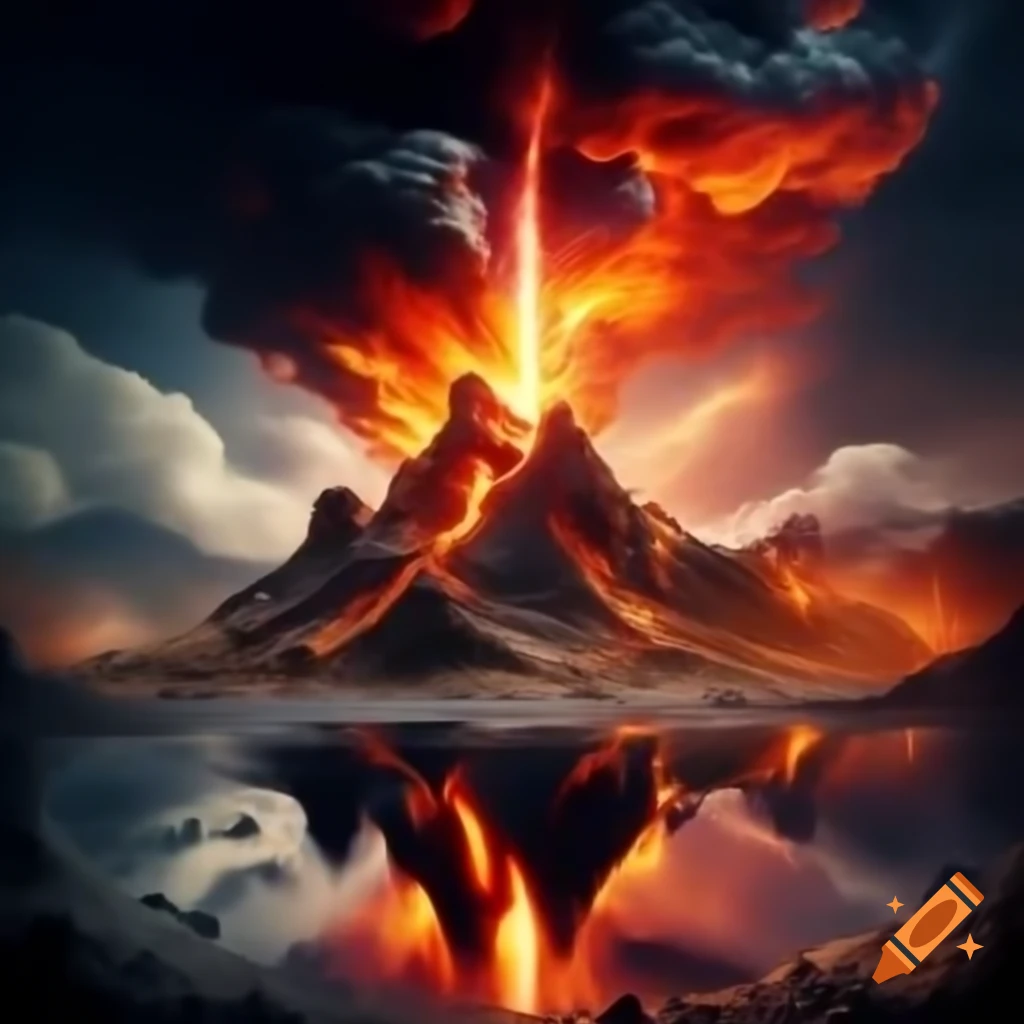 Fiery volcano erupting molten lava with dramatic contrasts