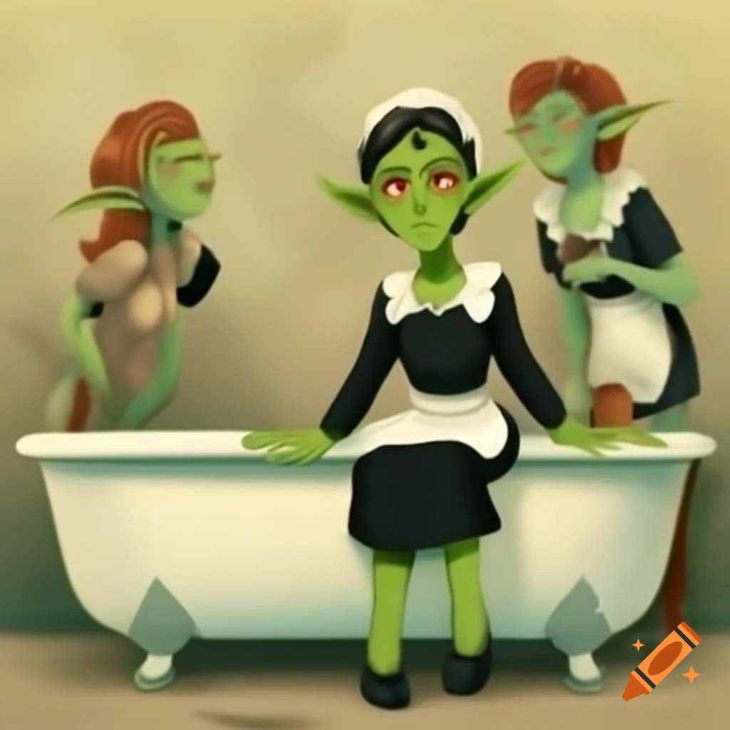 Green-skinned goblin maid in black dress cleaning vintage bathtub