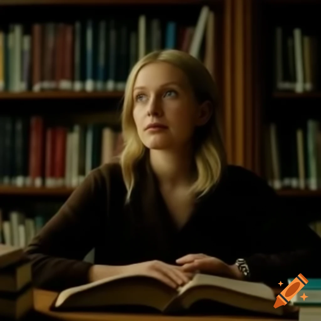 Blonde woman in library holding a book