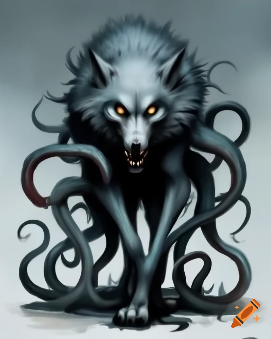 Horror monster wolf with gray fur and octopus tentacles for legs